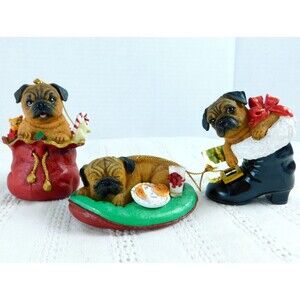 Danbury Mint Pugs and Kisses Christmas Ornaments, Lot of 3 Dog Tired Pawfect EUC